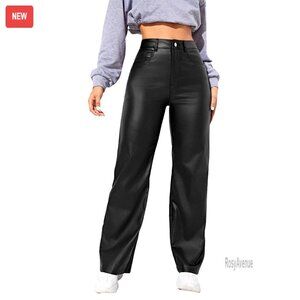 High Waist Leather Look Straight Leg Jeans with Pockets Women's Size